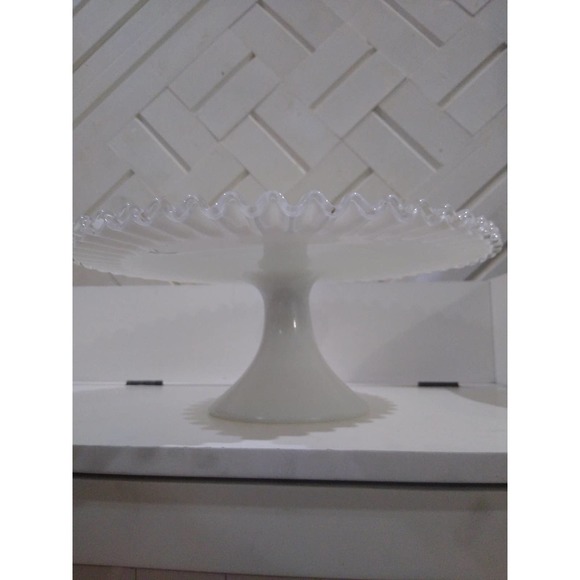 Fenton silver crest ruffled milk glass cake stand with ribbon crystal edge - Picture 4 of 8